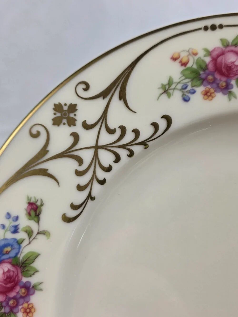 TWO Lenox Radience Luncheon Plates Ivory with Rose Bouquets, Gold Scrolls & Trim